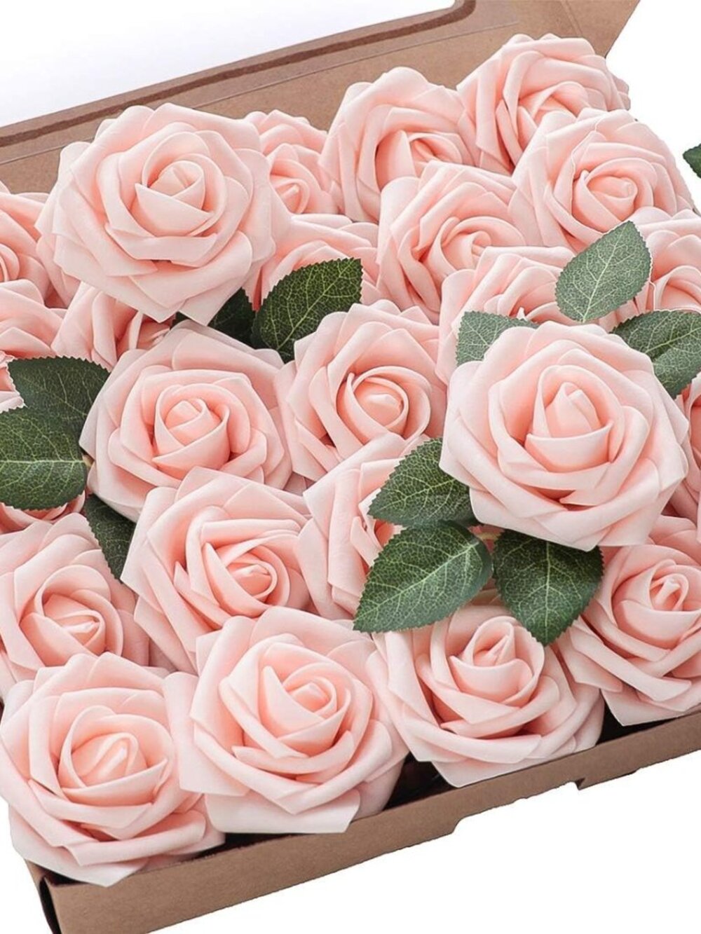 Artificial Flowers 25pcs Real Looking Blush Foam Fake Roses with Stems for DIY W